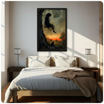 Framed dark fantasy girl swinging from a tree with a black cat below under a fiery orange sunset and glittering night sky wall art hung above a wooden bed in a bright sunlit minimalist bedroom