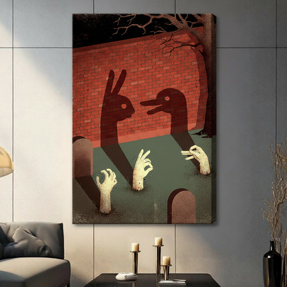 Unframed stretched canvas print of a spooky hand shadow puppet scene with rabbit and duck silhouettes projected on a red brick wall while zombie hands emerge from dark olive ground with gnarled bare trees in gothic dark fantasy illustration style