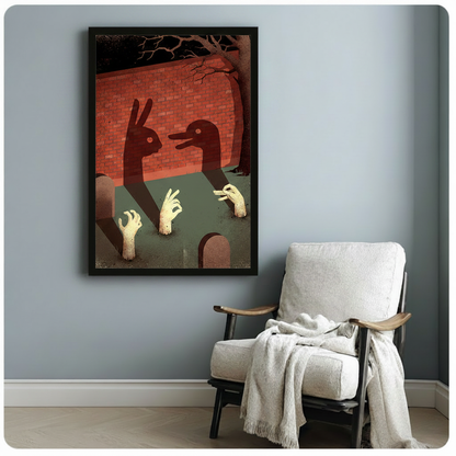Black framed dark fantasy shadow puppet canvas art print with hands forming rabbit and duck silhouettes on a red brick wall with undead hands rising from the ground and dead tree branches in gothic horror illustration style beside a white linen armchair