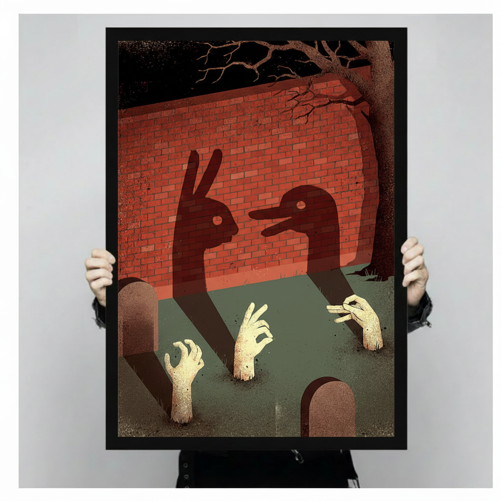 Person holding a large black framed dark fantasy hand shadow puppet canvas art print showing print size scale with rabbit and duck shadow silhouettes on a red brick wall zombie hands emerging from dark ground and bare dead tree branches