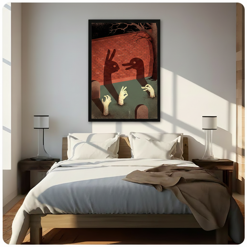 Framed gothic dark fantasy illustration of hands casting rabbit and duck shadow puppets on a red brick wall with zombie hands rising from olive ground and gnarled bare trees canvas wall art hung above a dark walnut bed with white bedding in a sunlit bedroom