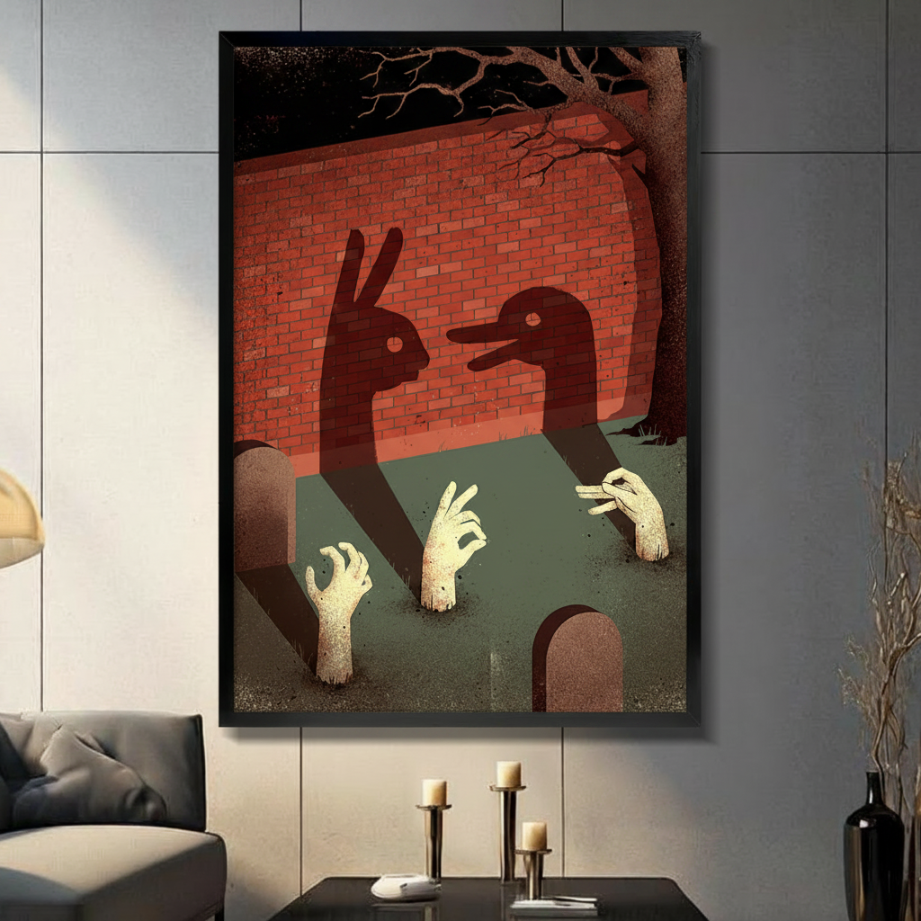Framed dark fantasy illustration canvas wall art of two hands casting rabbit and duck shadow puppets on a red brick wall with zombie hands rising from the ground and bare dead trees in gothic horror style on a light grey wall in a modern living room