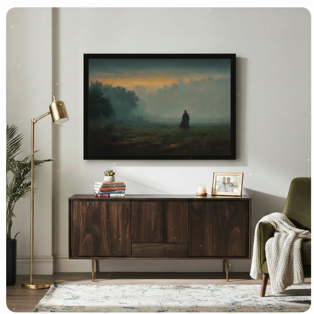 Dark atmospheric oil-style canvas print of a solitary figure in a fog-covered meadow with a glowing golden horizon, displayed above a walnut sideboard in an eclectic living room