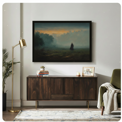 Dark atmospheric oil-style canvas print of a solitary figure in a fog-covered meadow with a glowing golden horizon, displayed above a walnut sideboard in an eclectic living room