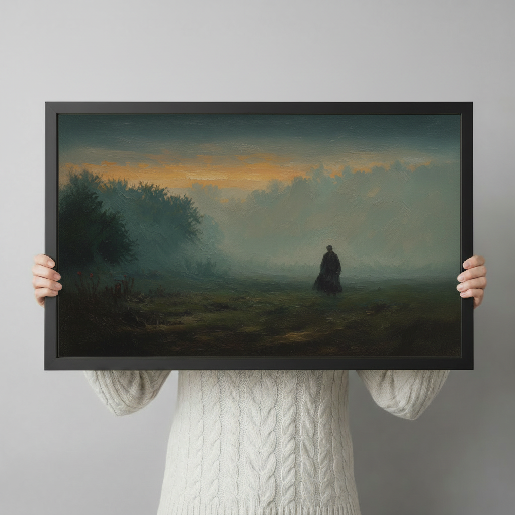Person holding a black-framed gothic landscape art print showing a mysterious dark figure in a misty green field beneath a dramatic amber sky