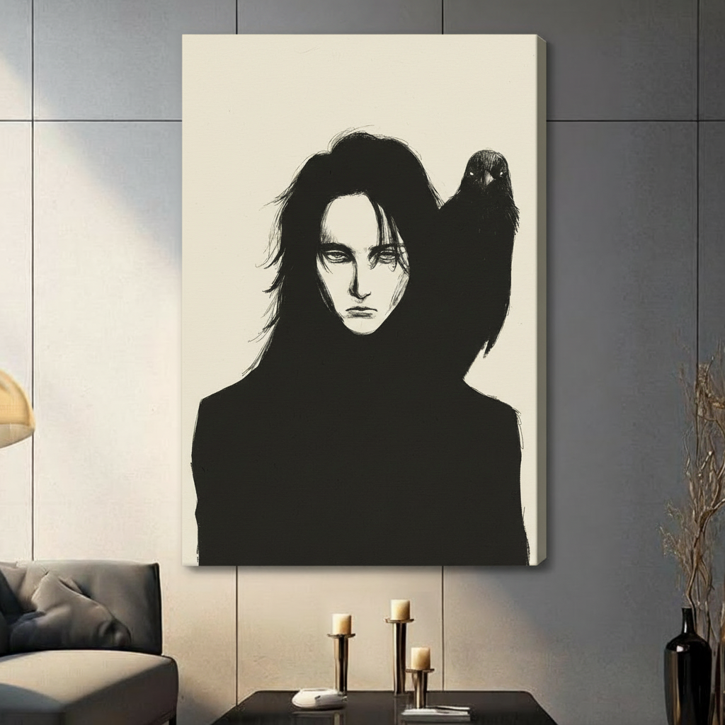 Dark gothic ink illustration of a mysterious long-haired figure in black with a raven perched on one shoulder on an ivory background gothic wall art stretched canvas in living room with dark gray panel wall and dark sofa