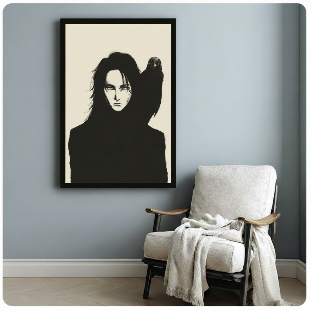 Dark gothic ink illustration of a mysterious long-haired figure in black with a raven perched on one shoulder on an ivory background gothic wall art framed print beside white armchair on blue-gray wall