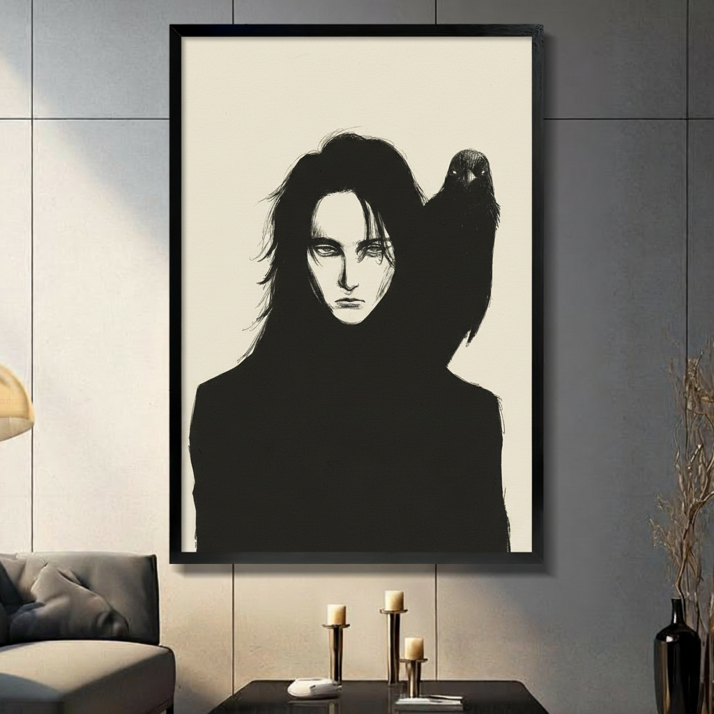 Dark gothic ink illustration of a mysterious long-haired figure in black with a raven perched on one shoulder on an ivory background gothic wall art framed print in living room with dark gray panel wall and dark sofa