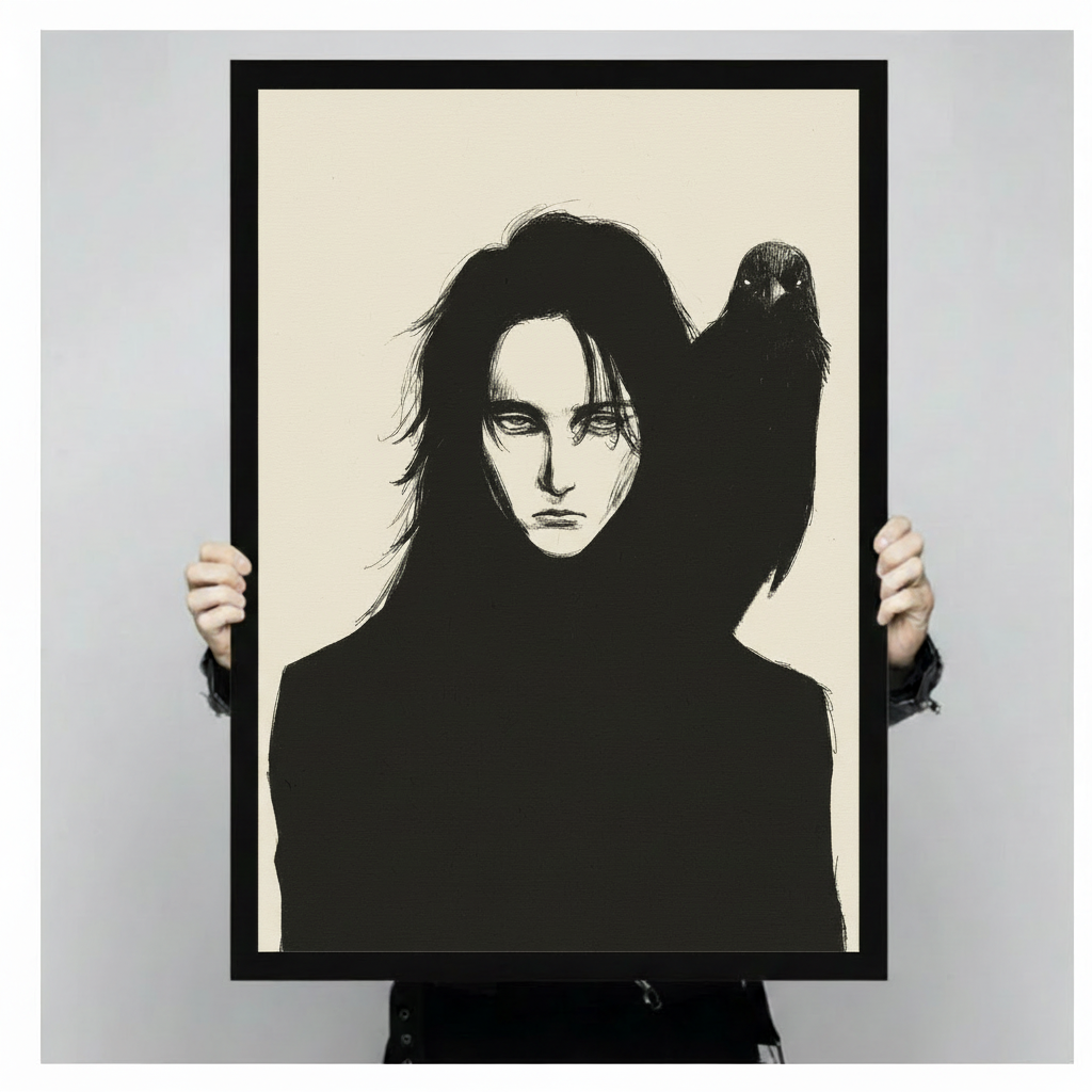 Dark gothic ink illustration of a mysterious long-haired figure in black with a raven perched on one shoulder on an ivory background gothic wall art framed print held against light gray background