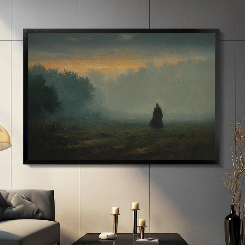 Framed canvas wall art of a lone cloaked figure standing in a misty meadow at dusk with golden sky, displayed in a modern living room above a console table
