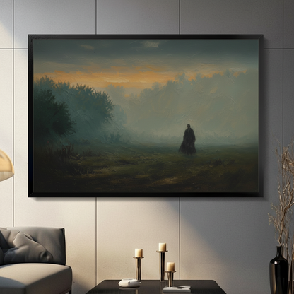 Framed canvas wall art of a lone cloaked figure standing in a misty meadow at dusk with golden sky, displayed in a modern living room above a console table