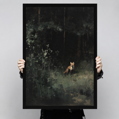 Close-up of dark forest fox art print held up showing rich oil painting texture and deep green tones