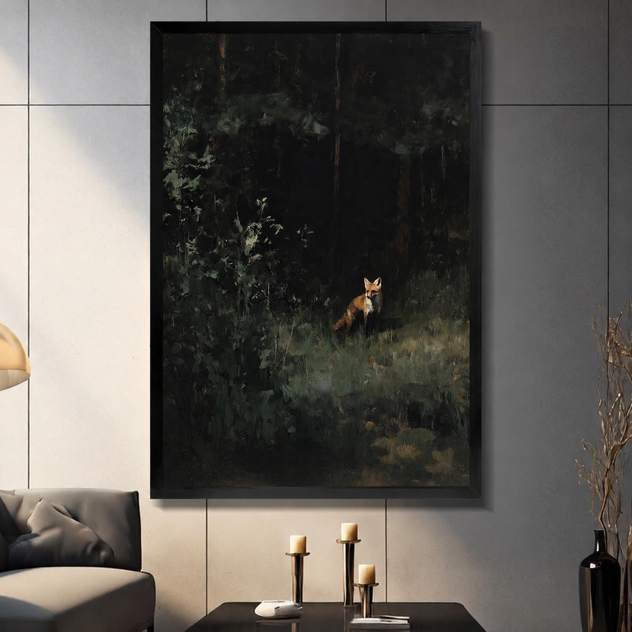 Dark forest fox oil painting in black frame hung above candlestick table in a moody modern living room