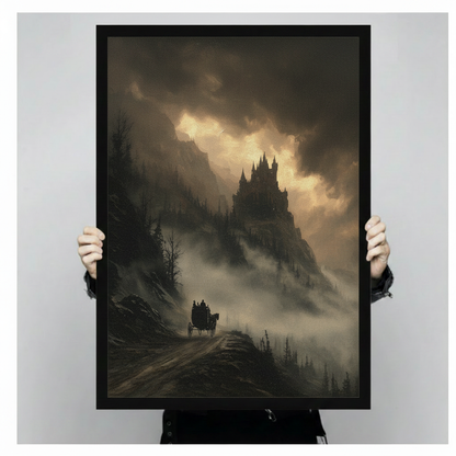 Hand-held close-up of gothic dark castle horse carriage black framed art print, detailed view of stormy clouds and foggy mountain landscape, premium gothic fantasy wall decor