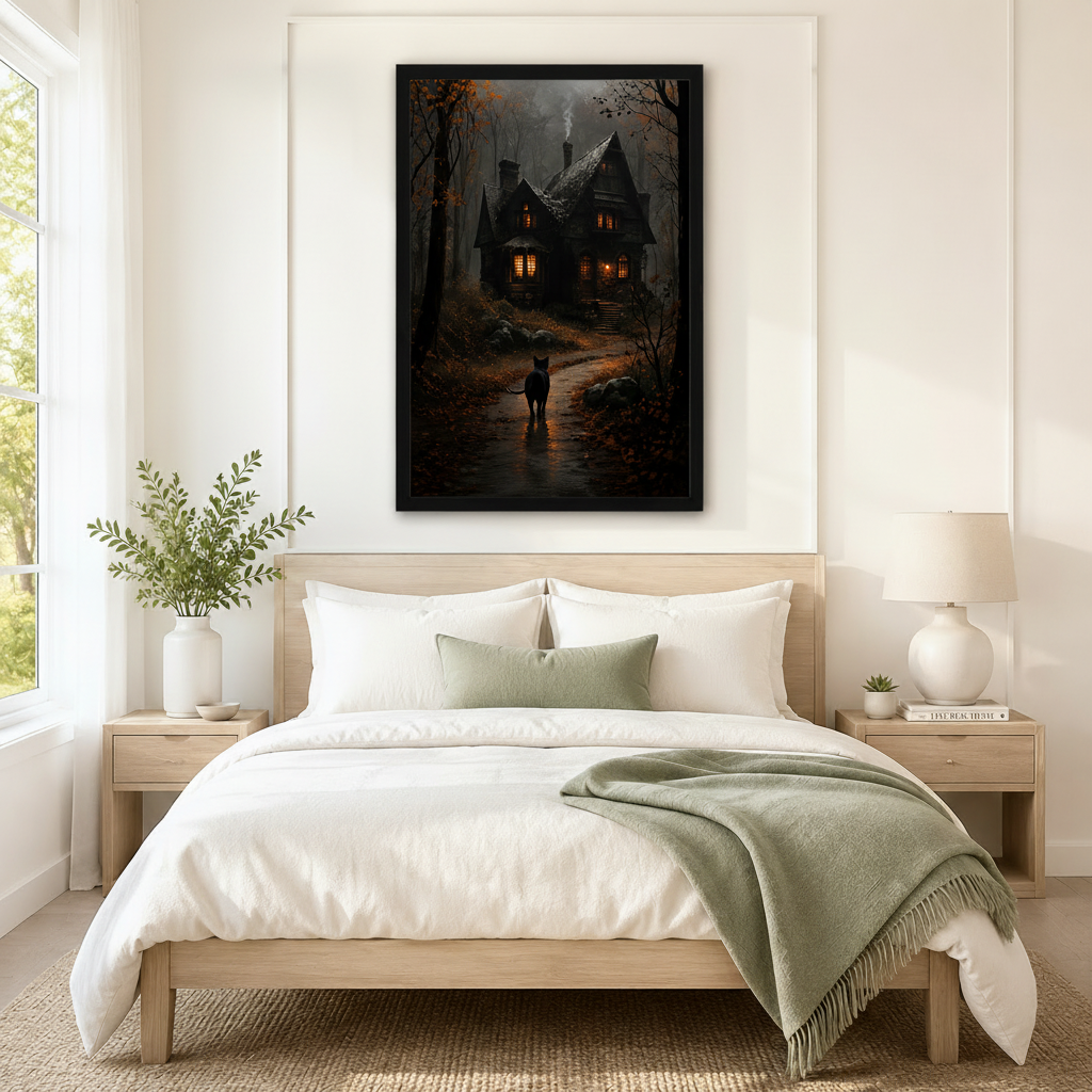 Moody gothic framed wall art print of a black cat silhouette on a rain-soaked path leading to a glowing haunted mansion, displayed above a neutral-toned bed in a serene bedroom
