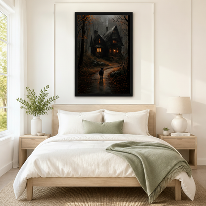 Moody gothic framed wall art print of a black cat silhouette on a rain-soaked path leading to a glowing haunted mansion, displayed above a neutral-toned bed in a serene bedroom