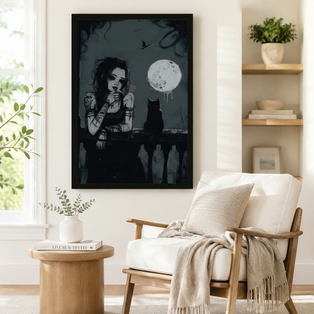 Bold framed gothic wall art print of a brooding tattooed woman with a black cat perched beside her on a moonlit balcony, styled beside a linen armchair in a bright Scandinavian reading corner