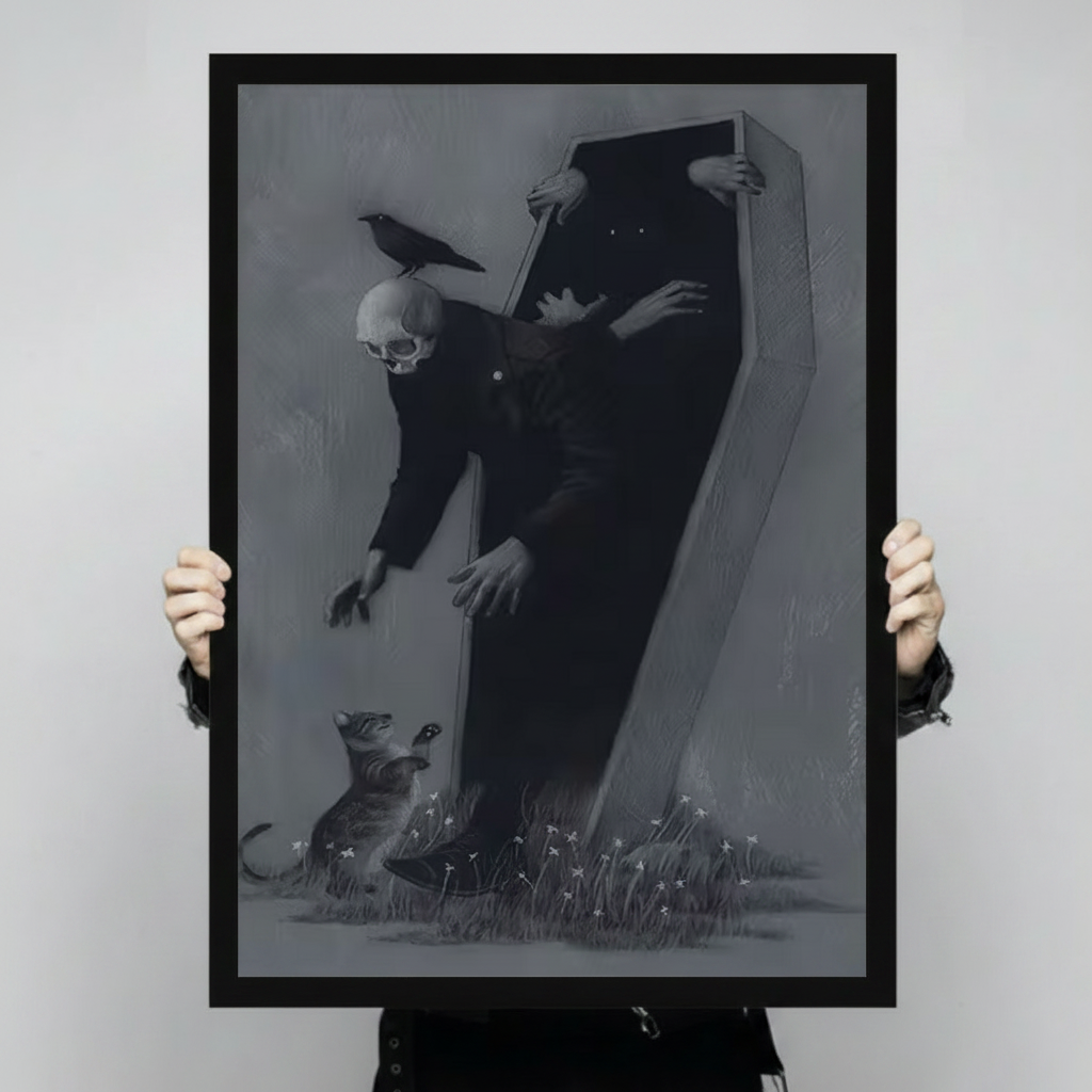 Hand-held display of a black-framed canvas art print featuring a dramatic dark gothic skeleton emerging from a coffin with a raven on its skull, reaching toward a small animal among wildflowers on a charcoal grey background