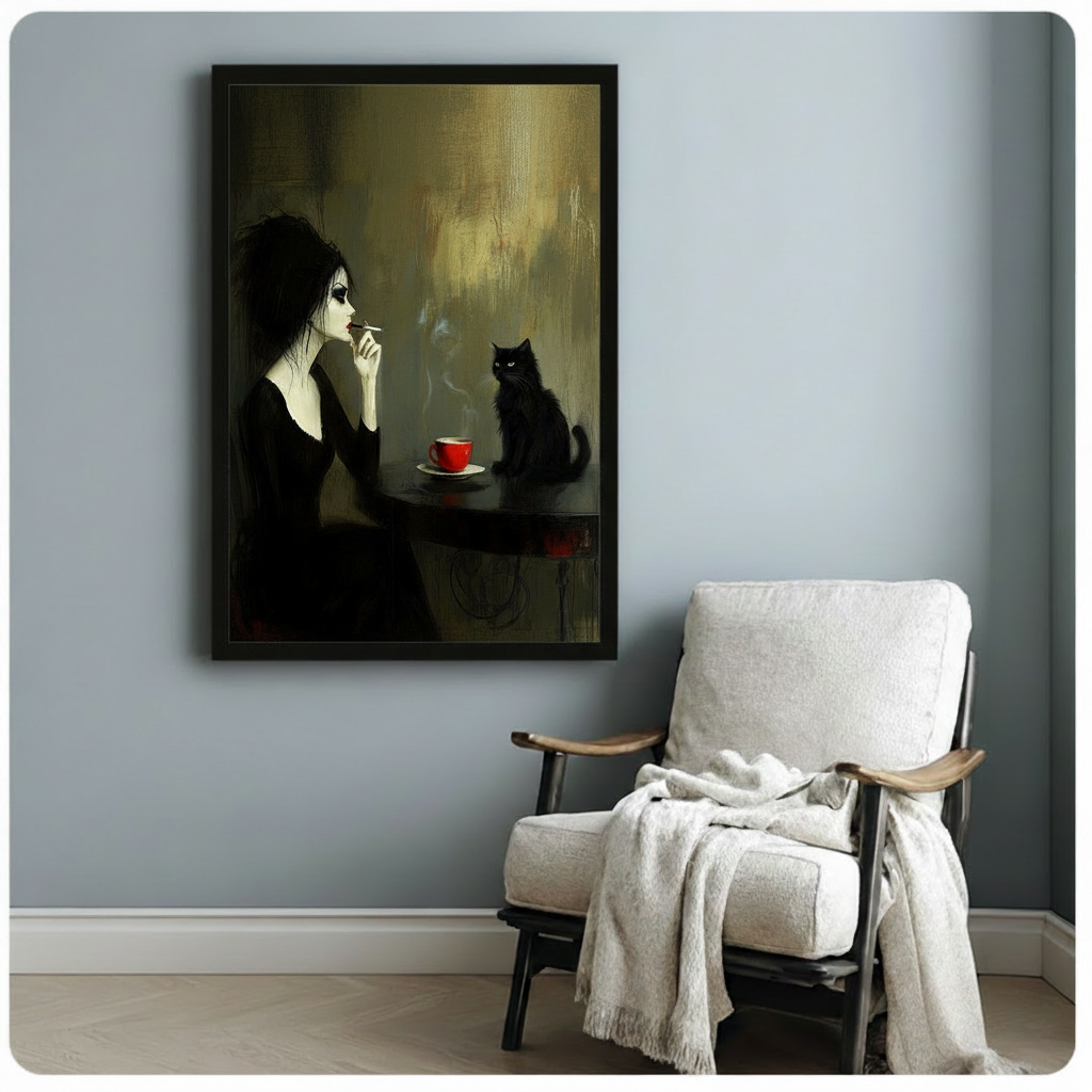 Framed moody gothic oil painting canvas of a pale woman with dramatic eye makeup smoking beside a glowing-eyed black cat and a red coffee cup on a dark olive background, hung on a blue-grey wall beside a cozy linen armchair
