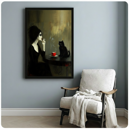 Framed moody gothic oil painting canvas of a pale woman with dramatic eye makeup smoking beside a glowing-eyed black cat and a red coffee cup on a dark olive background, hung on a blue-grey wall beside a cozy linen armchair
