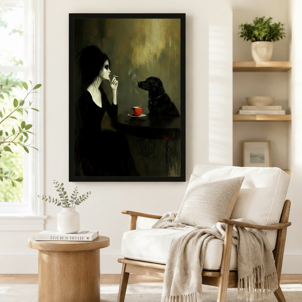 Bold framed dark art print of a gothic woman in black dress gazing at a black labrador across a small table with a red coffee cup in a moody olive-toned interior, styled beside a linen armchair in a bright Scandinavian reading corner