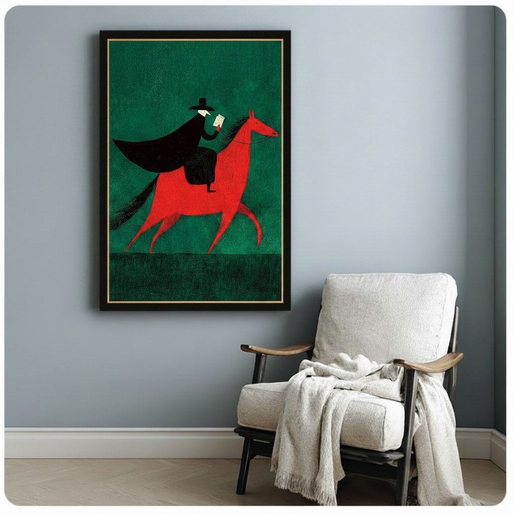 Black and gold framed dark horseman illustration print hung beside white linen accent chair in light grey room