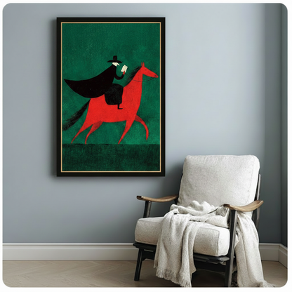 Black and gold framed dark horseman illustration print hung beside white linen accent chair in light grey room