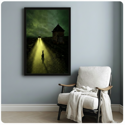 Rabbit silhouette on dark night road illuminated by approaching car headlights with gothic stone tower, atmospheric dark fantasy framed canvas wall art in black float frame on blue-gray wall beside white linen armchair