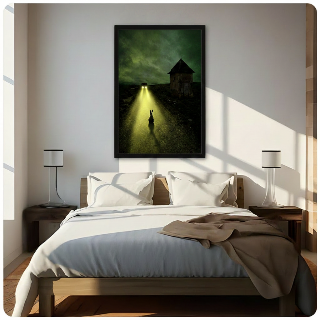 Dark rabbit silhouette in glowing car headlights on a lonely night road with gothic stone tower, cinematic dark fantasy framed canvas wall art in black float frame above wooden bed with white bedding in sunlit modern bedroom