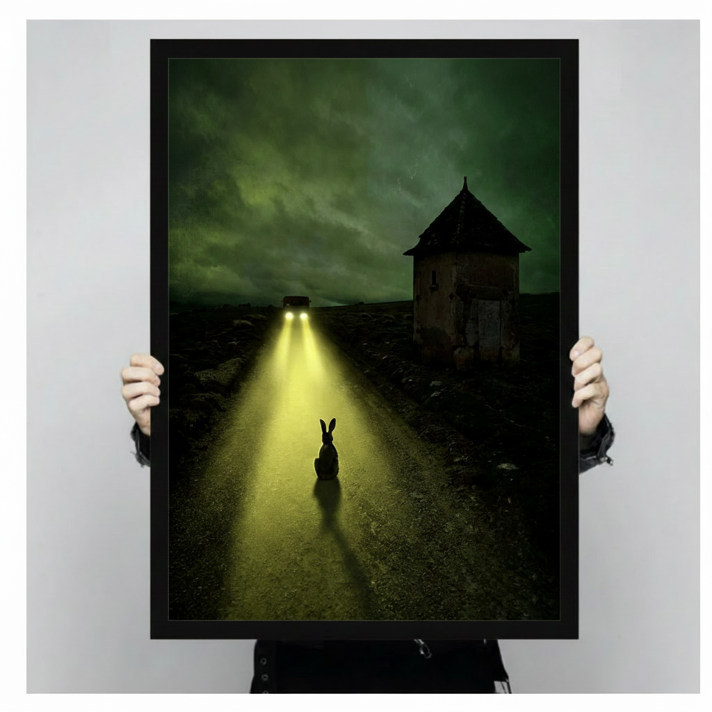 Person holding black framed canvas print showing rabbit silhouette frozen in car headlights on a dark rural road with abandoned stone building and stormy green sky, moody gothic dark fantasy wall art against neutral gray background