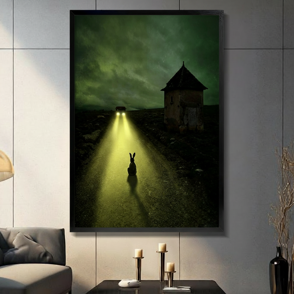 Dark rabbit silhouette frozen in car headlights on night road with abandoned stone tower, gothic dark fantasy framed canvas wall art in black float frame above console table with candle holders in modern gray living room