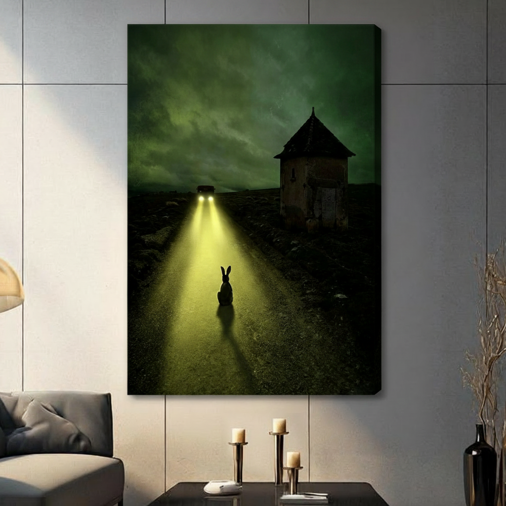 Dark rabbit silhouette in yellow car headlights on moody night road with ruined stone building, gothic dark fantasy gallery wrap stretched canvas without frame on gray tile wall above console table in modern American living room