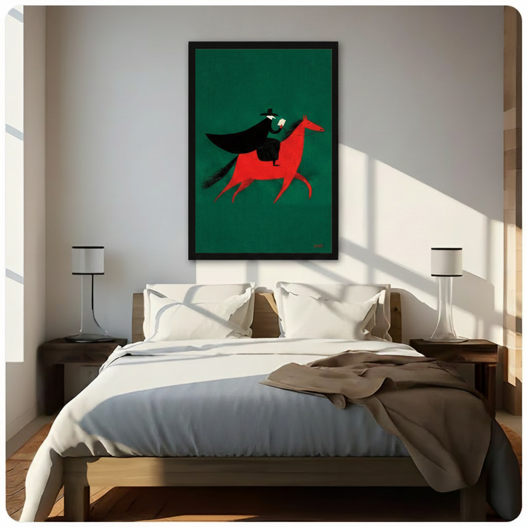 Bold emerald green minimalist horseman framed wall art print centered above bed in bright Scandinavian-style bedroom