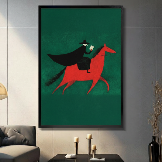 Minimalist dark rider on red horse illustration in black frame mounted on grey wall in moody modern living room