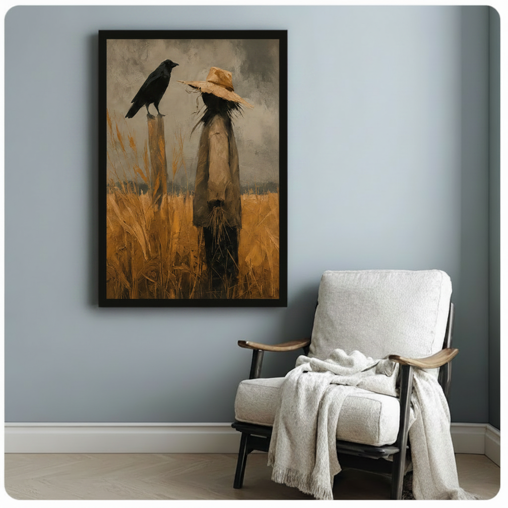 Eerie scarecrow standing in golden harvest field with black crow, dark academia framed art print above armchair in cozy reading nook