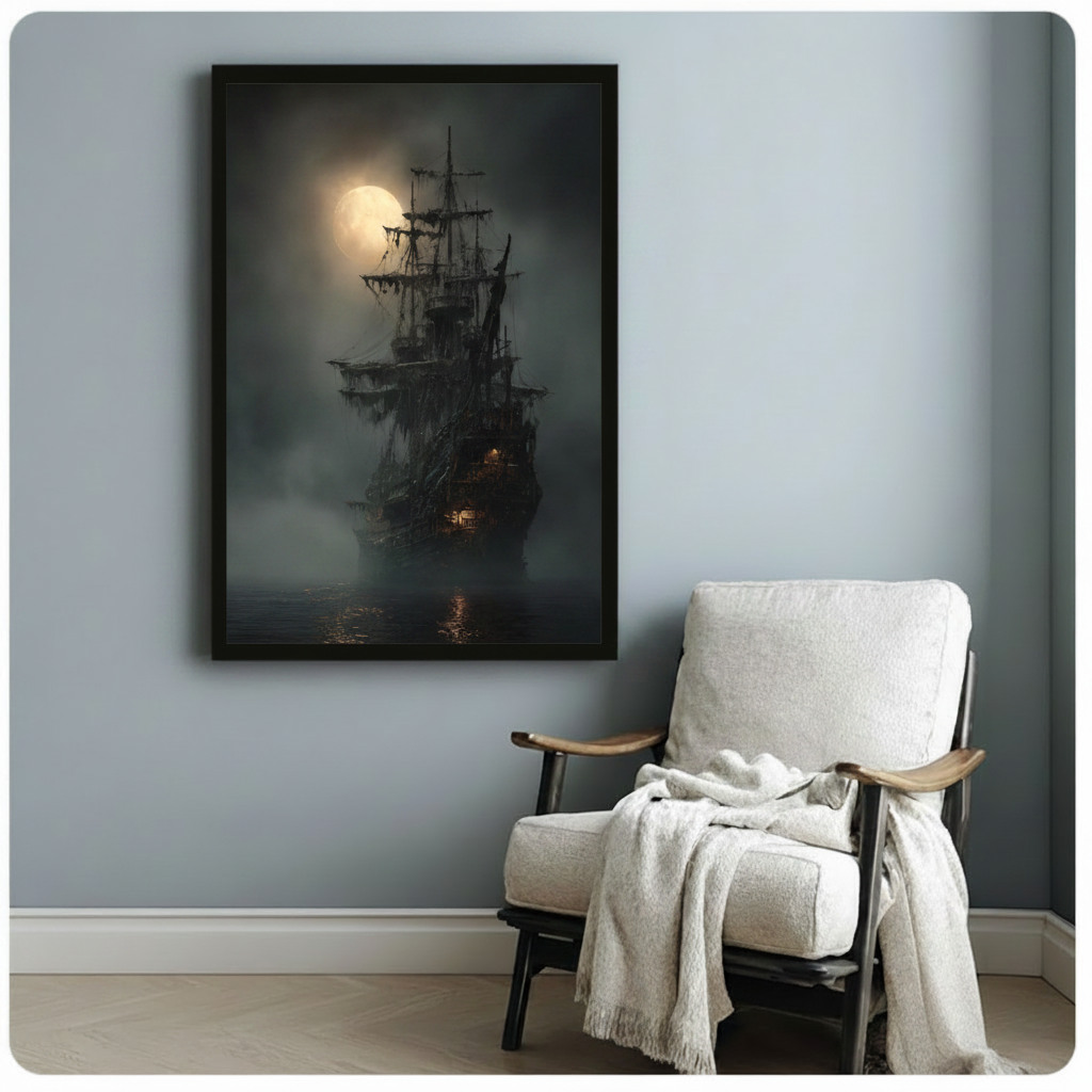 Framed dark ship art print on light blue wall beside armchair — atmospheric gothic tall ship under glowing full moon, fine art print