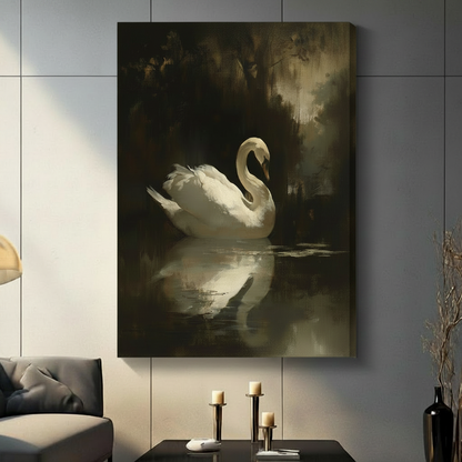 Moody oil painting of a solitary white swan on a misty dark lake with richly textured feathers and a glowing reflection on dark water surrounded by shadowy trees dark elegant swan wall art stretched canvas in a living room with light gray panel wall dark sofa candle holders and black vase