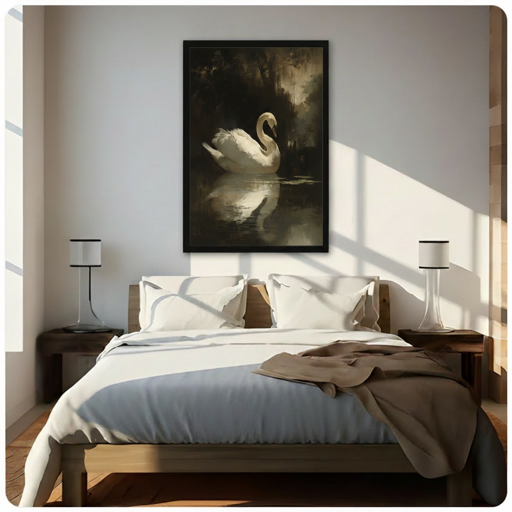 Atmospheric dark romantic oil painting of a white swan with softly lit plumage gliding across a still dark lake with a full reflection and shadowy tree-lined background elegant swan wall art framed print above a bedroom with white linen bedding dark wood bed frame and white table lamps