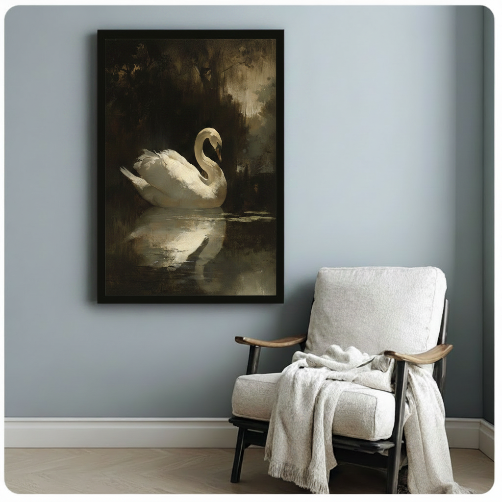 Classical oil painting of a graceful white swan with arched neck floating on a tranquil dark lake with misty olive brown forest background and luminous water reflection dark romantic wall art framed print beside a white linen folding armchair with a cream throw blanket on a blue gray wall