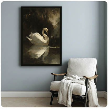 Classical oil painting of a graceful white swan with arched neck floating on a tranquil dark lake with misty olive brown forest background and luminous water reflection dark romantic wall art framed print beside a white linen folding armchair with a cream throw blanket on a blue gray wall