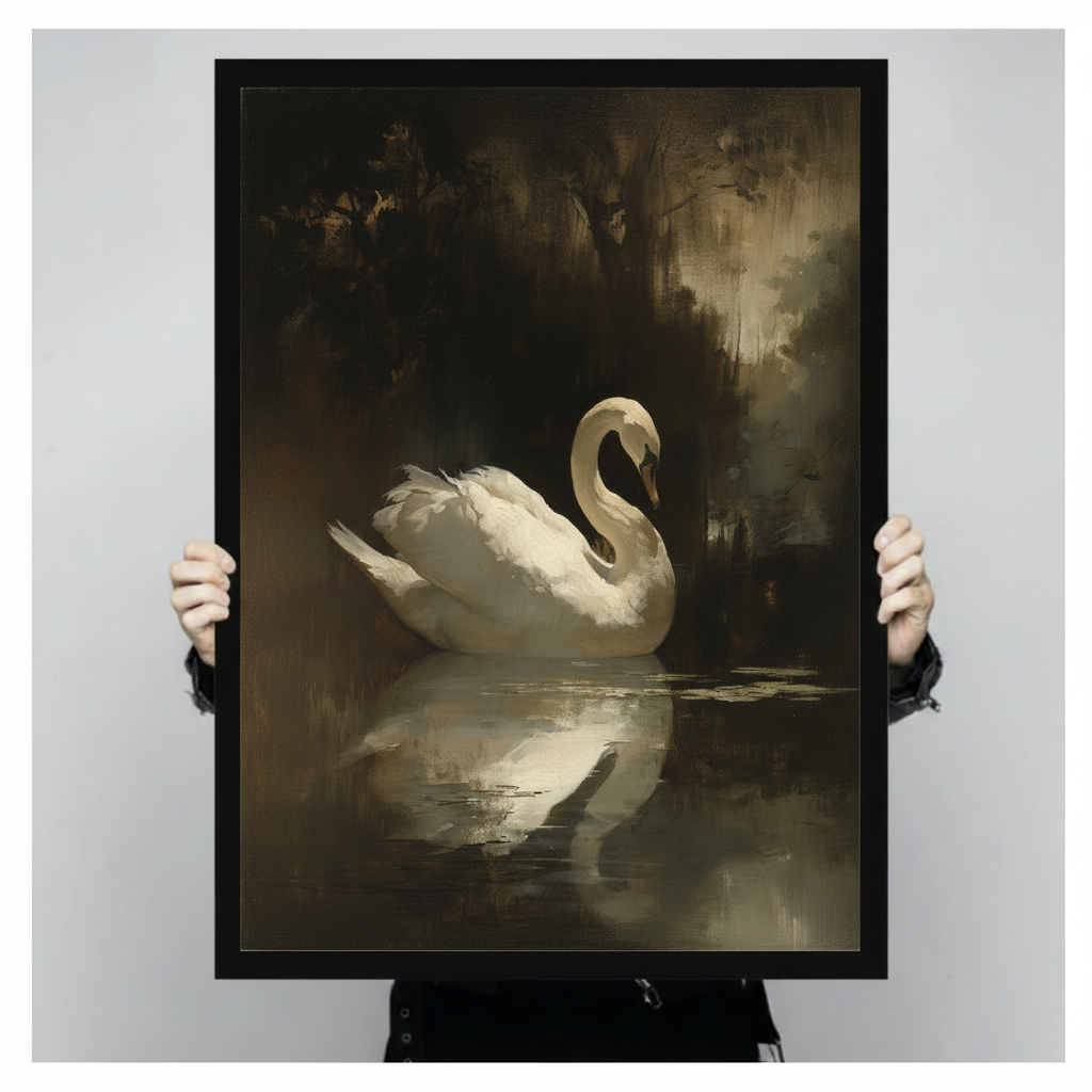 Old master style oil painting of a lone white swan drifting on a dark reflective lake with dramatic light and shadow thick brushwork feathers and a deep brown misty background dark romantic swan wall art framed print held against a light gray background