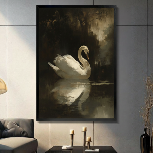 Elegant white swan floating on a dark still lake with a perfect reflection old master oil painting style with dramatic chiaroscuro lighting and deep brown olive background dark romantic animal wall art framed print in a living room with light gray panel wall dark sofa candle holders and black vase