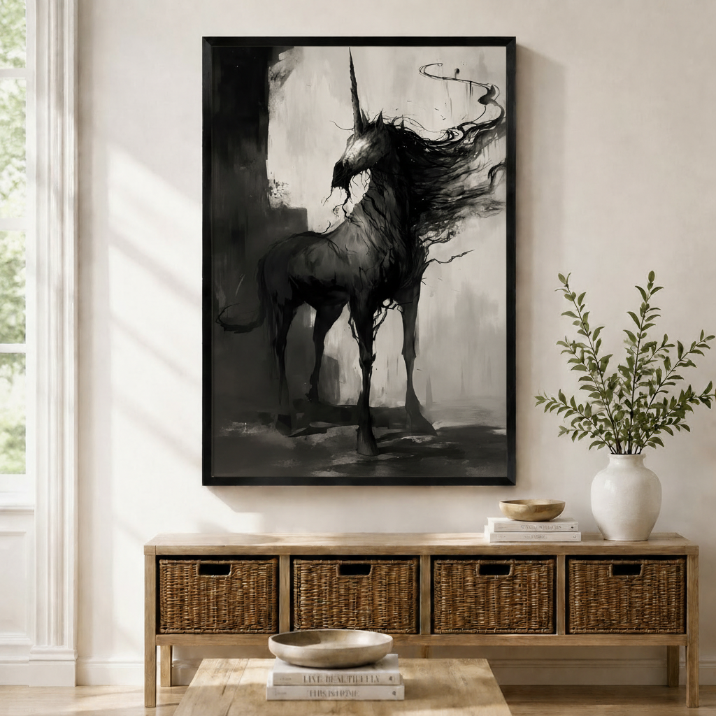 Dark gothic unicorn wall art print in black frame displayed above entryway console table with wicker baskets