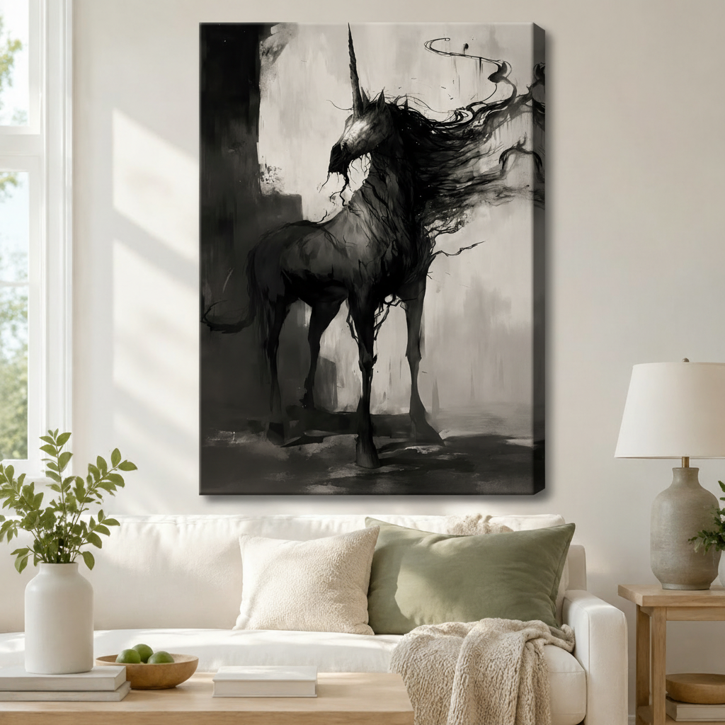 Black and white gothic unicorn canvas wall art hung above white sofa in modern living room interior