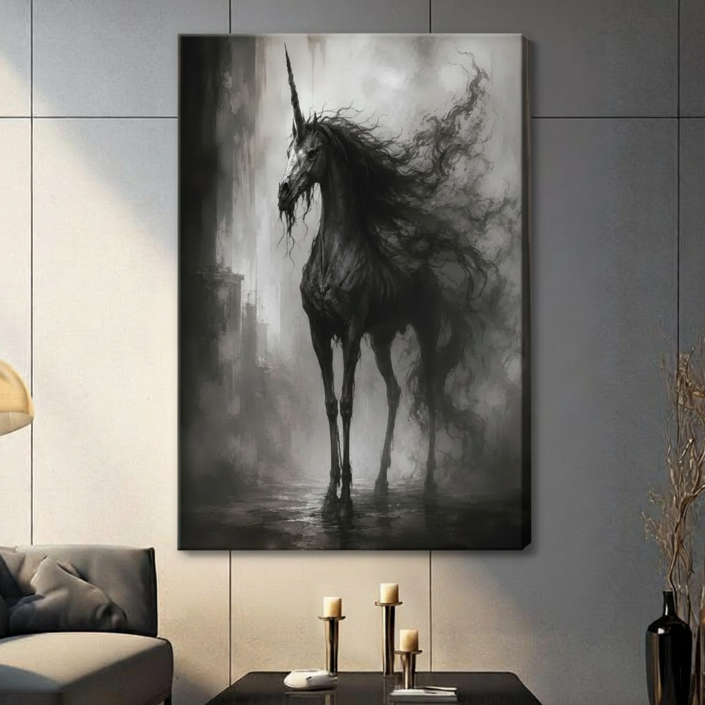 Moody black unicorn in dark misty atmosphere canvas wall art unframed, gothic fantasy horse with wild mane and single horn, gallery wrap print for living room decor