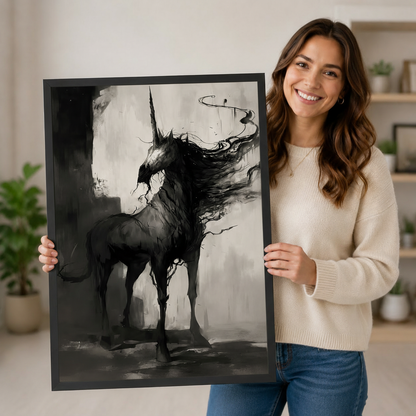 Woman holding large dark gothic unicorn framed art print showing scale and print quality detail