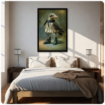 Dark whimsy crow canvas wall art in black frame displayed above a neutral-toned bed, adding gothic charm to a bright sunlit bedroom