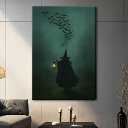 Gallery wrapped canvas wall art featuring a mysterious witch silhouette holding a lantern with bats flying overhead, hung in contemporary living room