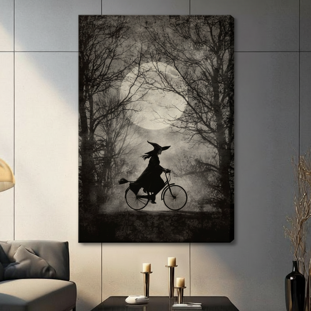 Witch silhouette cycling through bare winter trees under full moon gallery wrap canvas art in dark gray and black on a gray paneled wall above a charcoal sofa with candle holders and a black vase with dried branches