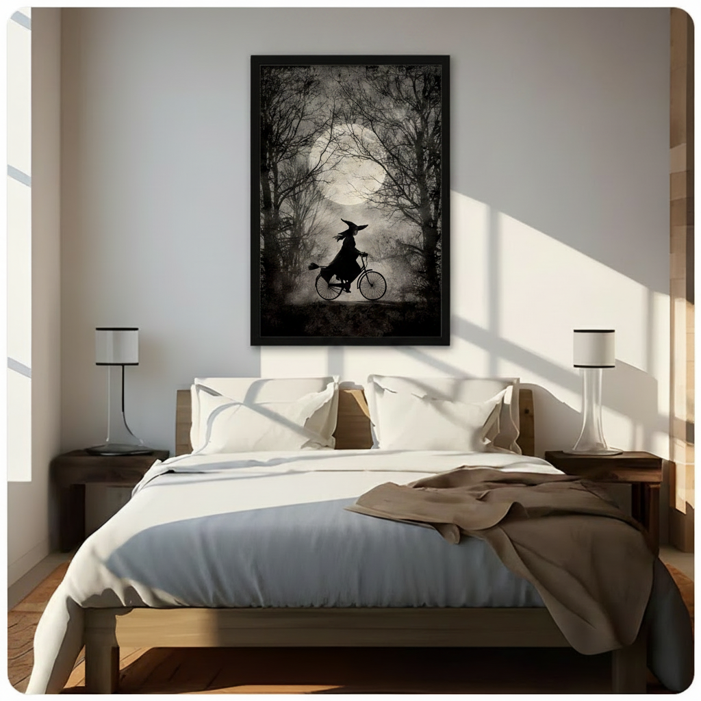 Black framed dark academia witch silhouette cycling through moonlit forest canvas art above a bed with white linen bedding, a taupe throw blanket, dark wood nightstands, and white cylindrical table lamps in a sunlit modern bedroom